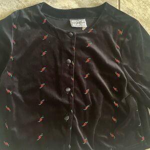 Black Velvet Cardigan with Red Floral embroidery